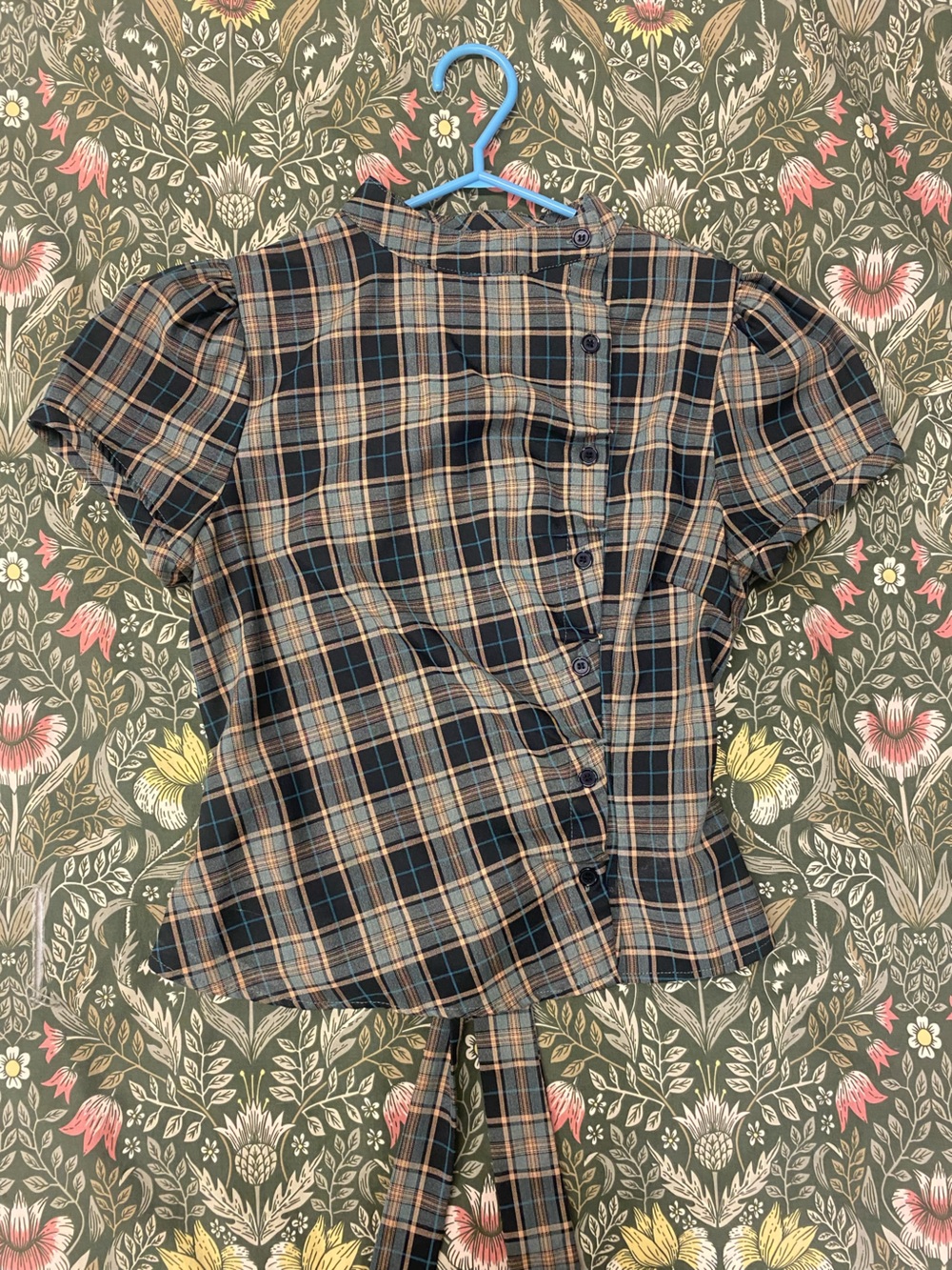 Cider Plaid asymmetrical button up short sleeve blouse